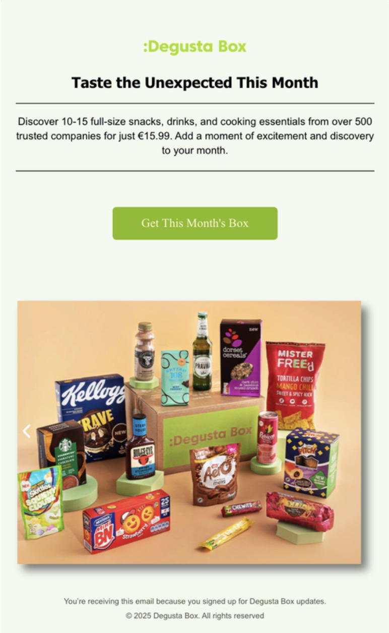 Taste the Unexpected — Degusta Box email design with hero image and CTA