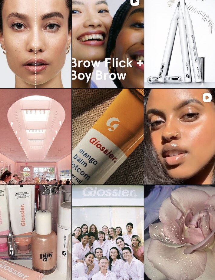 Glossier Instagram grid, 2019 era — community-built feed at 4.2% engagement
