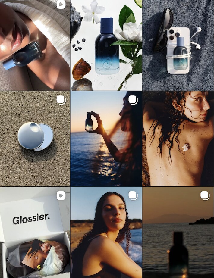 Glossier Instagram grid, 2024 era — polished feed at 0.9% engagement