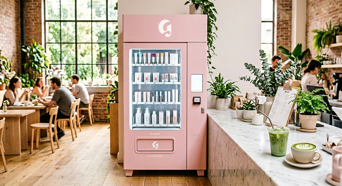 Concept mock-up — Glossier pink vending machine in a wellness café