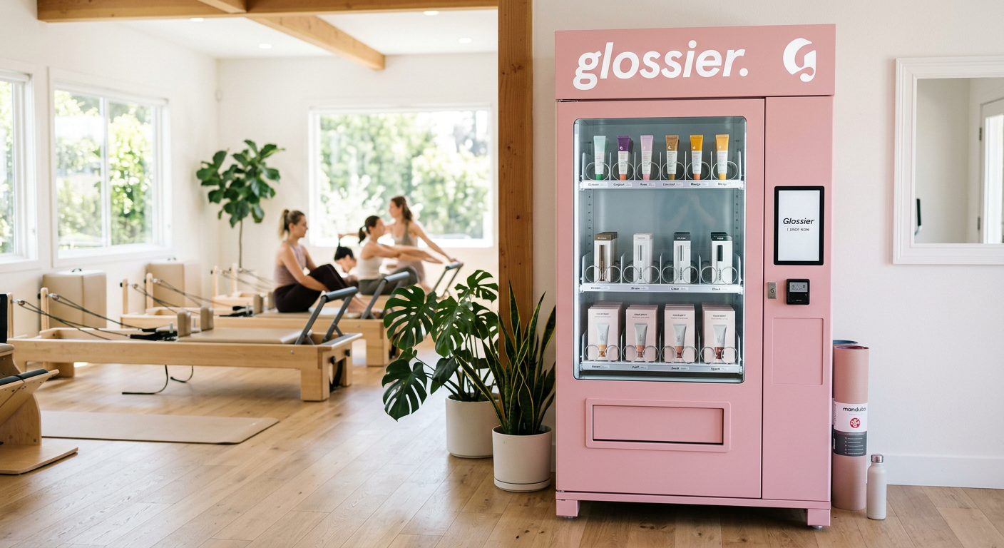 Concept mock-up — Glossier pink vending machine in a pilates studio