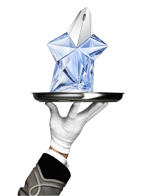 Angel Eau de Parfum presented on a silver platter by a white-gloved hand